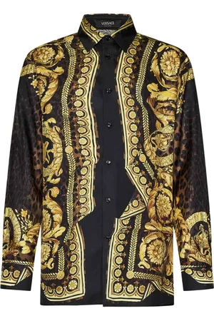 VERSACE Skjorte, Herre, Flerfarvet, XL, Uld, Luksuriøs Sort Silke Twill Skjorte