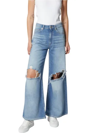 John Richmond Jeans, Dame, Blå, W26, Bomuld, Lysblå brede ben jeans med knæ revner