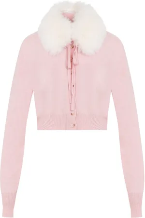 Sportmax Strik, Dame, Lyserød, XS, Uld, Falsk Pels Cardigan Aftagelig Hals