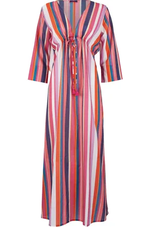 Gallo Badetøj, Dame, Flerfarvet, ONE SIZE, Bomuld, Kvinders hvid lang bomuld kaftan med lodrette flerfarvede striber