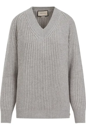 Gucci Strik, Dame, Grå, XS, Uld, Luksuriøs Grå V-hals Sweater