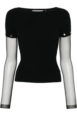 Sportmax Top, Dame, Sort, M, Uld, Sort Sweater med Dobbelt Ærmer og Guld-tone Studs