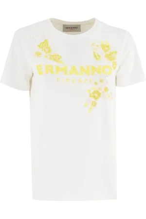 ERMANNO SCERVINO Top, Dame, Hvid, M, Bomuld, Blomstret Paillet Bomulds T-shirt