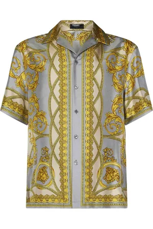 VERSACE Skjorte, Herre, Flerfarvet, S, Uld, Grå Ss25 Skjorte med La Coupe des Dieux Print