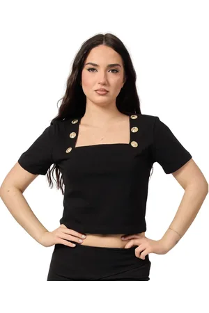GAËLLE Top, Dame, Sort, L, Sort Cropped T-shirt med Frontknapper