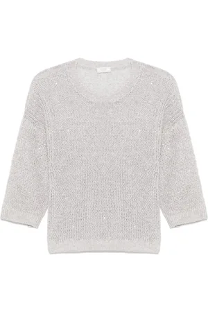 PESERICO SIGN Strik, Dame, Grå, 2XS, Sequined Sweater Lysegrå Rund Hals