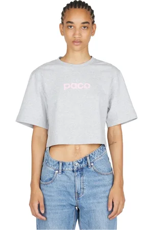 Paco rabanne Top, Dame, Grå, M, Bomuld, Logo Print Cropped T-Shirt