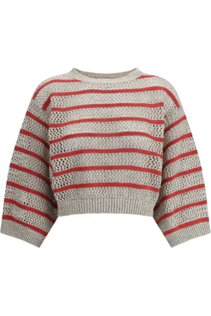 Brunello Cucinelli Strik, Dame, , XL, Linned, Perforeret Strikket Linnedbluse med Palietdetaljer