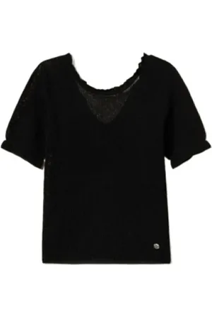 Twin-Set Strik, Dame, Sort, XS, Bomuld, Blomstret Jacquard Strik T-shirt