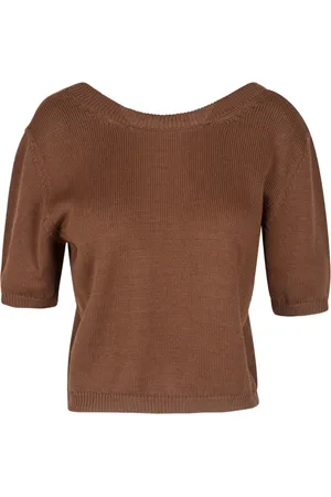 Mauro Grifoni Bluser & Skjorter, Dame, Brun, L, Bomuld, Crop bomuldst-shirt med ribdetaljer