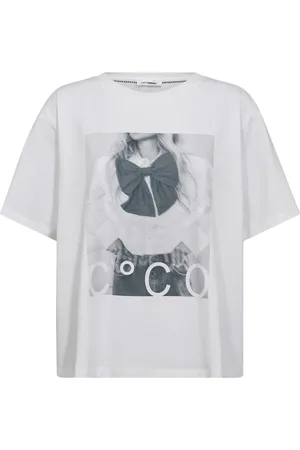 Co`Couture Top, Dame, Hvid, L, Grafisk Tee med Bue Detalje