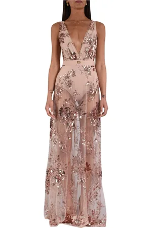 Elisabetta Franchi Kjole, Dame, Lyserød, S, Paillet Broderet Lang Kjole