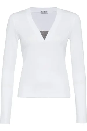 Brunello Cucinelli Strik, Dame, Hvid, 2XL, V-Hals Langærmet T-Shirt