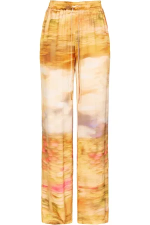 Pinko Bukser, Dame, Flerfarvet, 2XS, Satin, Lilla Regn Landskab Print Bukser