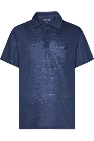 Vilebrequin Top, Herre, Blå, S, Linned, Blå Linned V-udskæring Polo T-shirt
