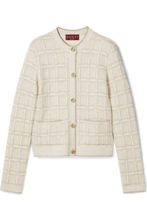 Gucci Strik, Dame, , M, Uld, Hvid Check Jacquard Cardigan Sweater
