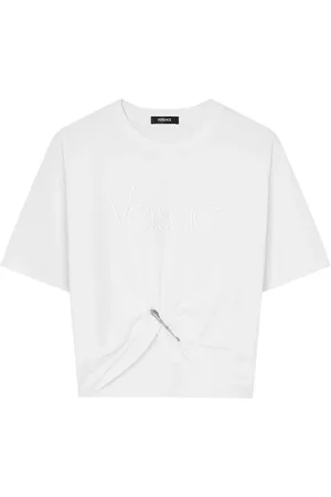 VERSACE Top, Dame, Hvid, M, Bomuld, Hvid Crop T-shirt med sikkerhedsnål design