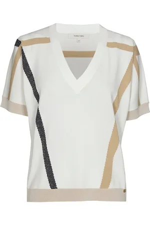 Marie Méro Strik, Dame, Hvid, M, Stribet V-hals sweater