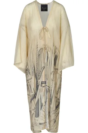 SOUVENIR Kjole, Dame, , S, Uld, Printet Kimono med Plisseret Frontåbning