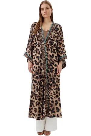 Lola Casademunt Bluser & Skjorter, Dame, Brun, S, Leopard Print Lang Kimono med Kontrastbånd