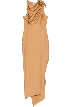 COPERNI Kjole, Dame, Brun, S, Beige Asymmetrisk Kjole med Stofblomster