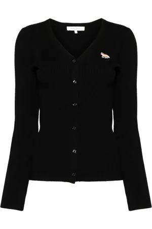 Maison Kitsuné Strik, Dame, Sort, L, Bomuld, Sort Finribbet Cardigan Strikvarer