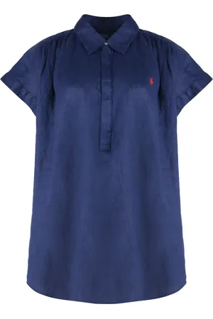 Ralph Lauren Bluser & Skjorter, Dame, Blå, S, Rundet Hem Linen Bluse
