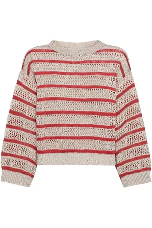 Brunello Cucinelli Strik, Dame, , M, Uld, Taupe Stribet Crew Neck Sweater