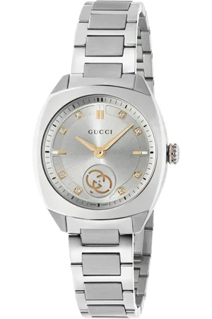 Gucci Tilbehør, Dame, Grå, ONE SIZE, Uld, Ya142510 - Interlocking 29mm rustfrit stålkasse, sølv solbørstet skive med 8 diamanter og rosa guldbelagte detaljer, lille sekundvisning, rustfrit stålarmbånd
