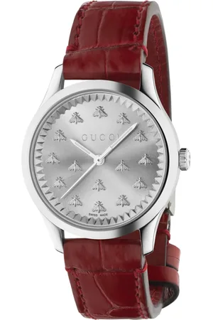 Gucci Tilbehør, Dame, Brun, ONE SIZE, Uld, 32 mm stålkasse, solbørstet urskive med bier, rød farvet alligatorrem