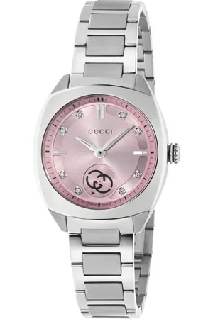 Gucci Tilbehør, Dame, Grå, ONE SIZE, 29mm rustfrit stålkasse, lyserød skive med 8 diamanter, lille sekundvisning, rustfrit stålarmbånd