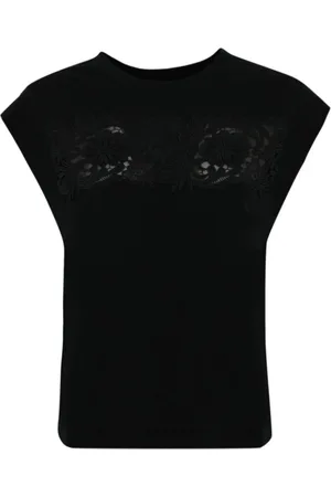 Twin-Set Top, Dame, Sort, S, Bomuld, Blomstret broderet T-shirt
