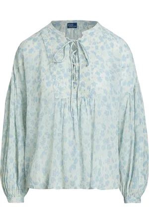 Ralph Lauren Bluser & Skjorter, Dame, Grøn, S, Bomuld, Grøn Blomstret Bluse med Sløjfelukning