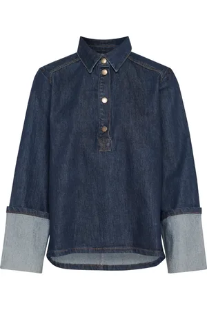 My Essential Wardrobe Bluser & Skjorter, Dame, Blå, 2XL, Denim, Mørkeblå Denim Bluse med Lange Ærmer