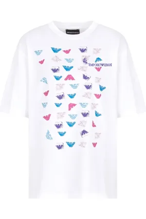 Emporio Armani Top, Dame, Hvid, M, Bomuld, Kortærmet bomuldst-shirt med multicolor ørneprint