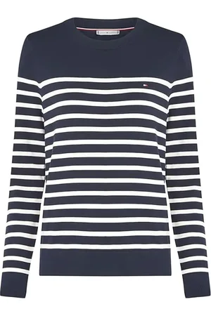 Tommy Hilfiger Strik, Dame, Flerfarvet, XL, Bomuld, Minimalistisk Bomuldspullover med Ribbet Finish