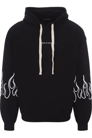 Vision Of Super Sweathshirts & Hoodies, Herre, Sort, S, Bomuld, Sort Oversize Hættetrøje med Ikoniske Flammer