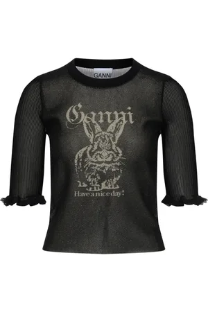 Ganni Top, Dame, Sort, M, Uld, Gennemsigtig Jacquard Top i Sort