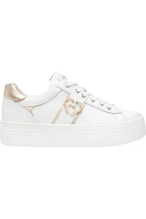 Nero Giardini Sko, Dame, Hvid, 40 EU, Læder, Metallic Gold Logo Læder Sneakers