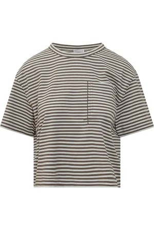 Brunello Cucinelli Top, Dame, Brun, S, Bomuld, Stribet bomuldst-shirt Made in Italy