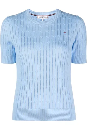Tommy Hilfiger Strik, Dame, Blå, XS, Bomuld, Strikket kortærmet sweater