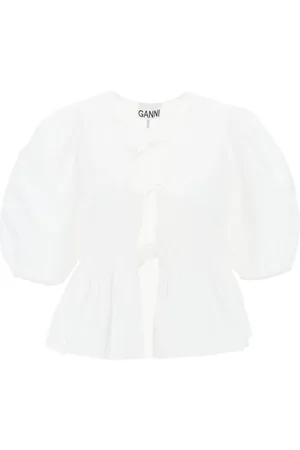 Ganni Bluser & Skjorter, Dame, Hvid, M, Bomuld, Peplum Poplin Bluse med Pufærmer