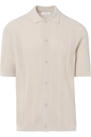 Paolo Pecora Top, Herre, , XL, Bomuld, Ivory Strikket Skjorte med Crêpe Bomuld