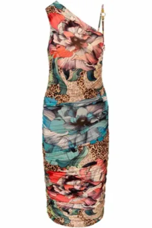 Roberto Cavalli Kjole, Dame, Flerfarvet, XS, Blomstret Animal Print Midi Kjole