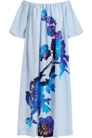 Essentiel Antwerp Kjole, Dame, Blå, XS, Bomuld, Stribet blomstret lang oversize kjole