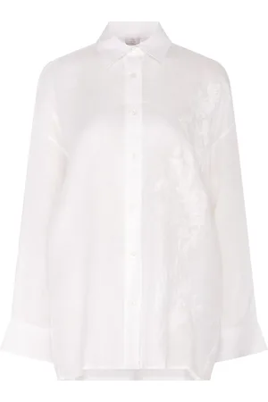 ELEVENTY Bluser & Skjorter, Dame, Hvid, S, Linned, Blomstret Broderet Linnedskjorte