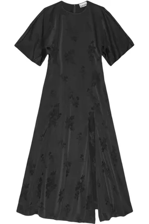 Ganni Kjole, Dame, Sort, S, Satin, Satin Jacquard Lang Kjole med Slids