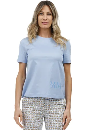 Max Mara Top, Dame, Blå, S, Kortærmet rund hals t-shirt med print og broderet logo