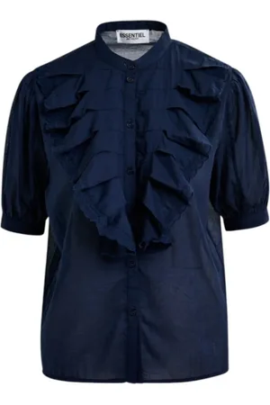 Essentiel Antwerp Bluser & Skjorter, Dame, Blå, XS, Bomuld, Blå Bomuld Skjorte med Mandarin Krave og Flæser