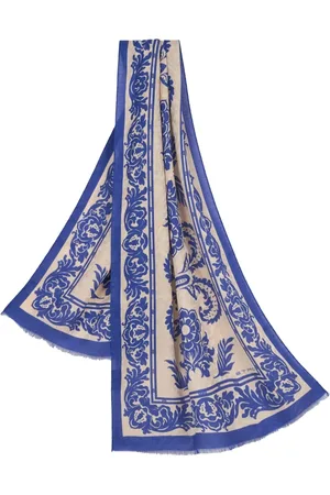 Etro Tilbehør, Dame, Blå, ONE SIZE, Chiffon, Blomstret Chiffon Tørklæde med Frynser